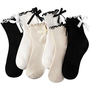 6 Pairs Womens Bow Socks Ruffle Casual Crew Socks Cute Black White Soft Breathab